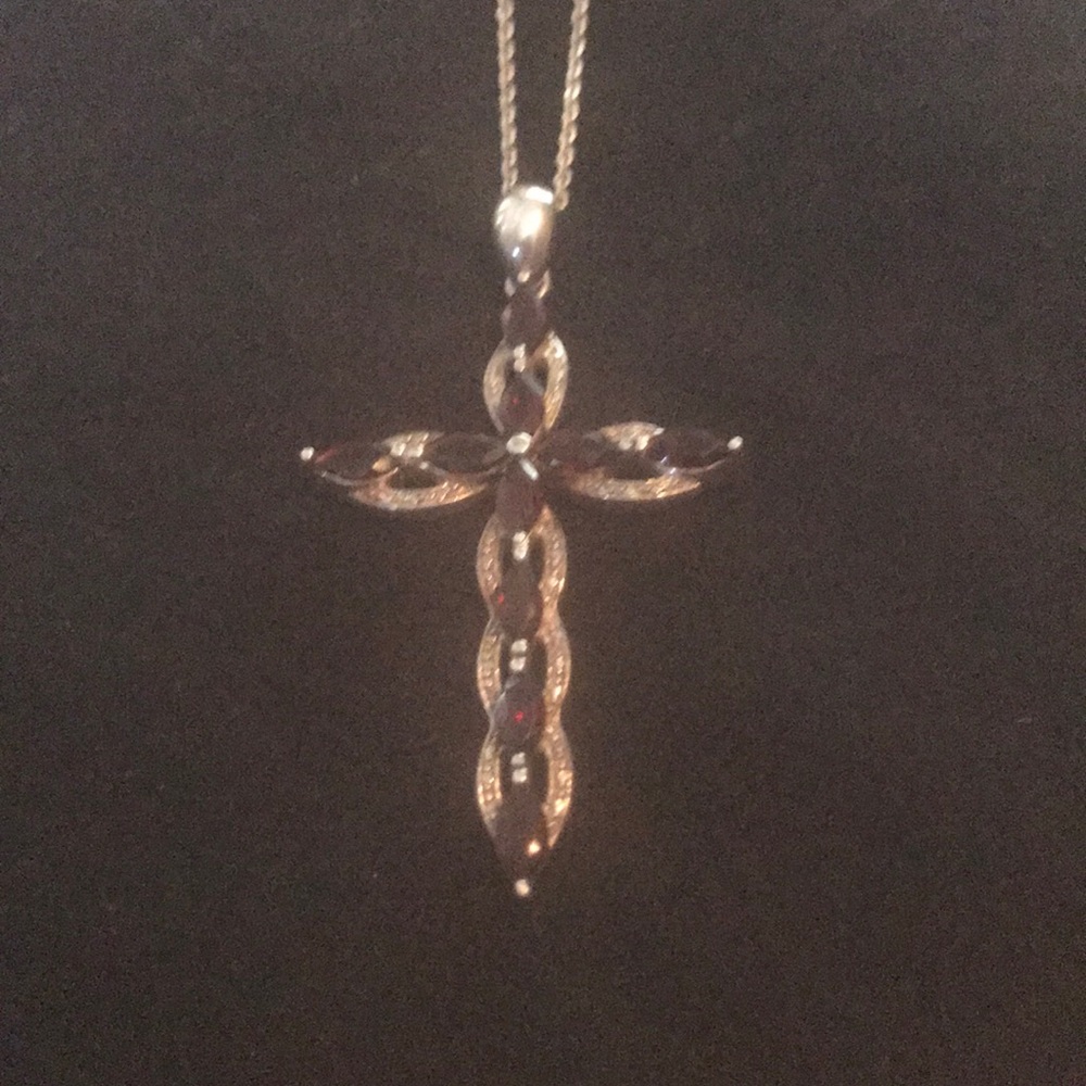 Garnet and sterling silver cross necklace